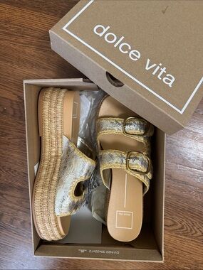 Dolce Vita Dolen Metallic Gold Silver Raffia Platform Wedge Sandals Size 10. NIB